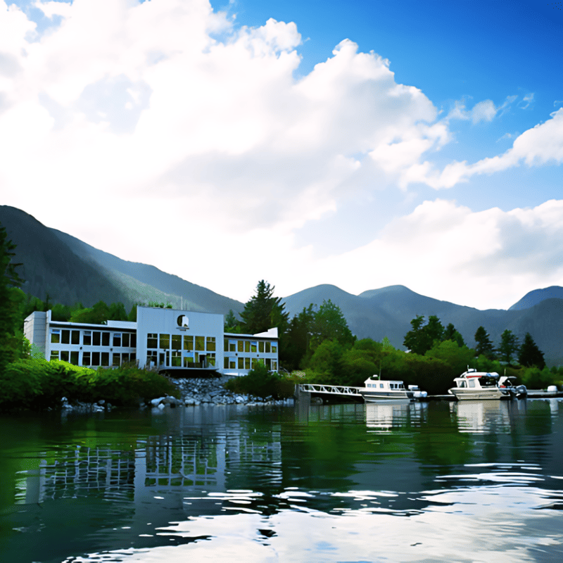 The Spirit Bear Lodge, an Indigenous-owned retreat, offers breathtaking views of the tranquil lake, surrounded by pristine wilderness